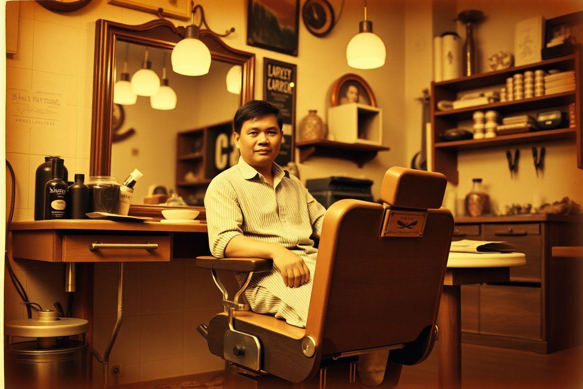 A traditional Kuala Lumpur barbershop scene from the 1980s - inspiration for Quorabit's craft